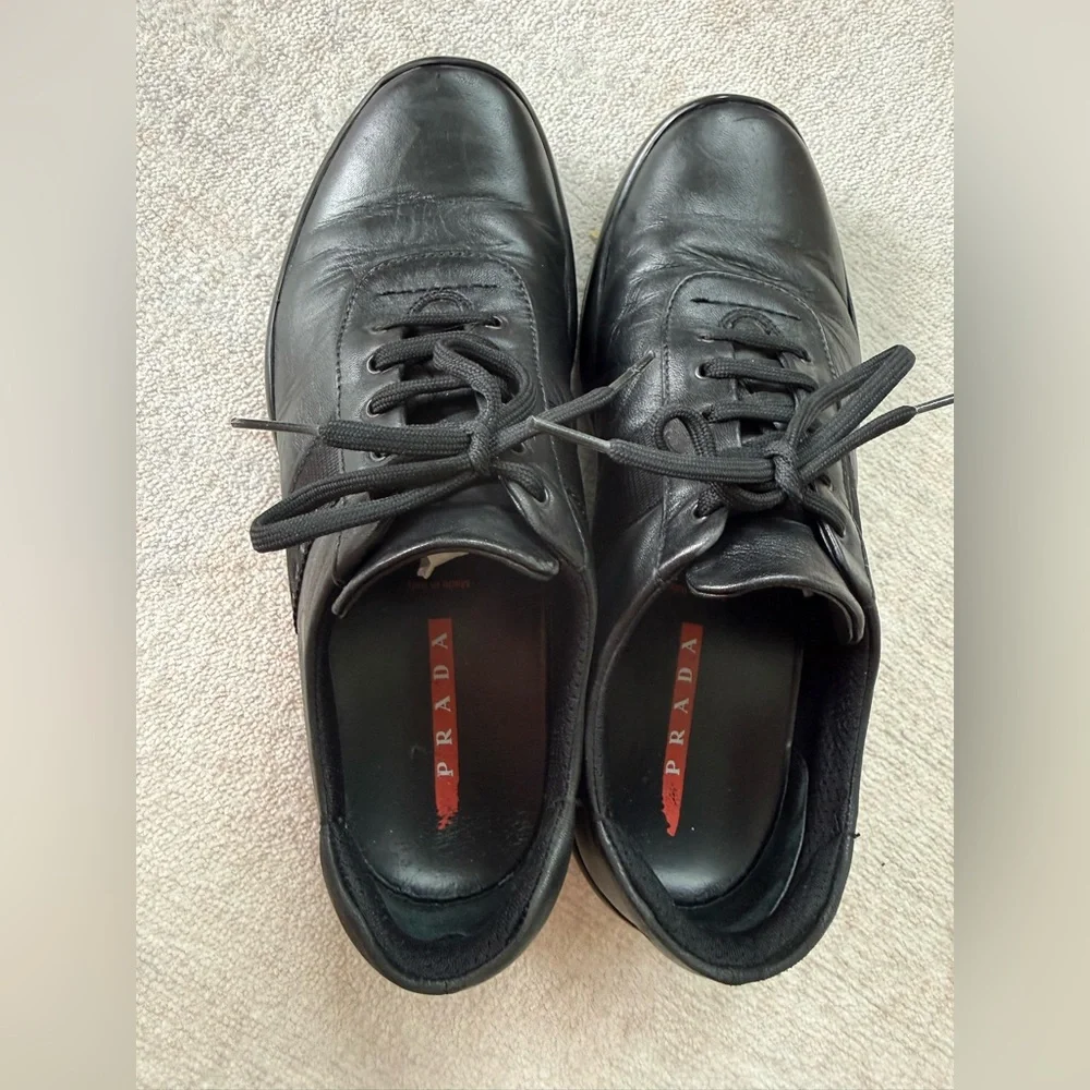 Prada Men’s Leather Sneakers (Black – Linea Rossa) - Picture 5 of 13